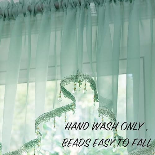 PearAge Beaded Sheer Valance Curtains for Living Room,Rod Pocket Farmhouse Window Valance, Bead Trim Tassel Voile Sheer Curtain Valance for Bedroom Bathroom Cafe 51x24 Inches (Mineral Blue) 1PC thumbnail 5