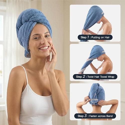 REDKISS Microfiber Hair Towel Wrap for Women, Double Sided Hair Towels with Elastic Strap, Super Absorbent Quick Dry Hair Drying Towel for Long, Thick, Curly Hair, Anti-Frizz Turban (Blue & Gray) thumbnail 8