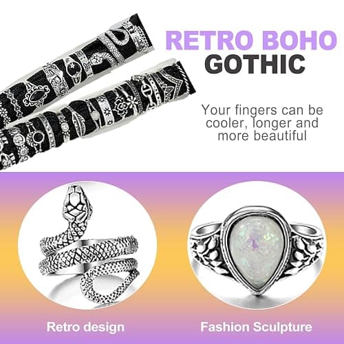 ZeriLion 42 Pcs Vintage Silver Knuckle Ring Set Cool Alt Goth Punk Rings for Women Men Adjustable Stackable Grunge Emo Aesthetic Jewelry Snake Skull Chunky Band Pack thumbnail 5