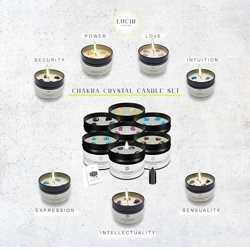 Lucir Store Healing Chakra Scented Candles Set with Surprise Wand | 7 Scented Candles with Chakra Crystals, Wand | E-Book Included thumbnail 5