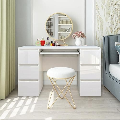 LSBIKE White Desk with 6 Drawers High Gloss Computer Desk Table Dressing Table with Drawers Home Office Writing Study Standing Desk with Storage Drawer 120x50x70cm (White) thumbnail 3