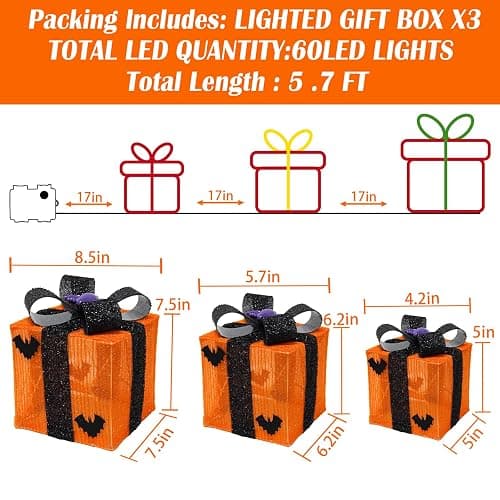 Caxchiling Halloween Lighted Gifts Boxes 3 Pak Gift Boxes with 52 Led Lights Bats Battery Operated Timer Light Up Boxes Decorations for Indoor Home Porch Party Yard - Top bat decor thumbnail 2