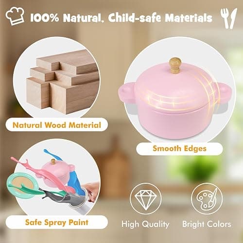 SimpliPlay Wooden Toy Plates and Dishes for Kitchen Set, 30PCS Montessori Play Kitchen Accessories for Toddlers with Toy Pots and Pans, Wooden Play Cooking Set for 3-8 Years Girls & Boys thumbnail 4