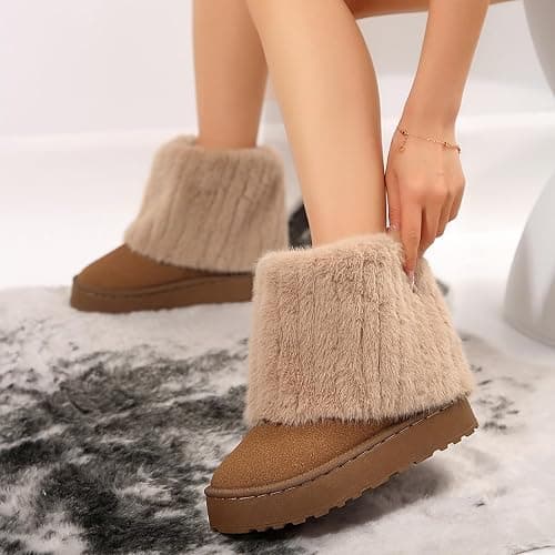 Gezolligheid Women's Faux Fur Mid Calf Snow Boots - Round Toe Suede Warm Fur Lined Platform Flat Comfort Outdoor Winter Fashion Boots thumbnail 3