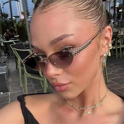 willochra Trendy Rimless Cat Eye Metal Sunglasses Vintage Small Oval Outdoor Eyewear UV400 Protection for Women Men thumbnail 2