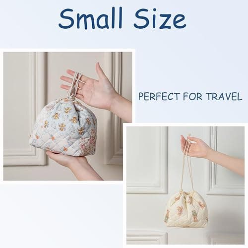 Cotton Quilted Drawstring Makeup Bag with Canvas Lining,Coquette Aesthetic Cute Travel Toiletry Bag,Drawstring Gift Bag for Women and Girls（02Light Blue Flower） thumbnail 4