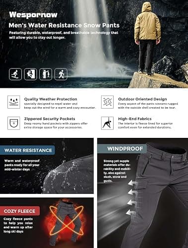 Wespornow Men's-Fleece-Lined-Hiking-Pants Water-Resistance-Snow-Ski-Pants Softshell Snowboarding Pants for Winter, Outdoor thumbnail 3