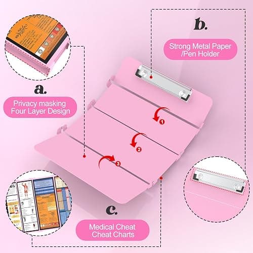 Nursing Clipboard Foldable-4 Layers Aluminum Nurse Foldable Clipboard Nursing Medical Edition Cheat Sheets, Pocket Size Pen Clip for Nurses Students School and Doctors-Pink thumbnail 5