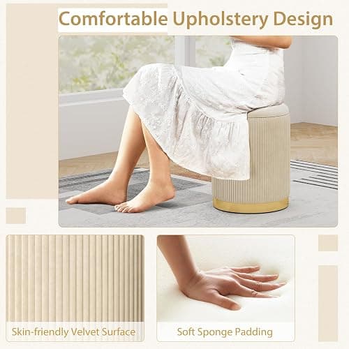 Giantex Ottoman with Storage - Set of 2 Storage Ottomans, 1 Large & 1 Small Nesting Ottoman Side Table, Upholstered Velvet Round Foot Rest Vanity Stool for Bedroom Living Room (Beige & Golden) thumbnail 7