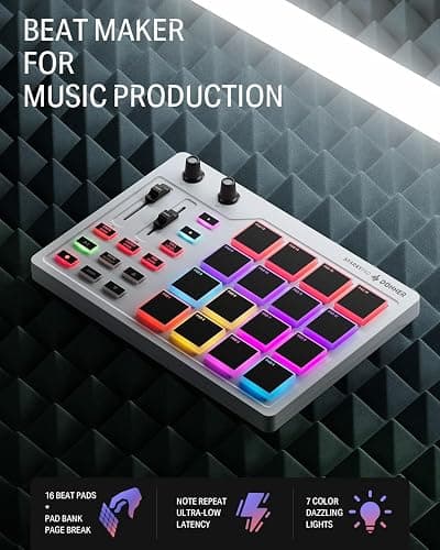 Donner MIDI Pad Beat Maker Machine Professional, Drum Machine with 16 Beat Pads, 2 Assignable Fader & Knobs and Music Production Software, USB MIDI Controller with 40 Courses, STARRYPAD White thumbnail 2