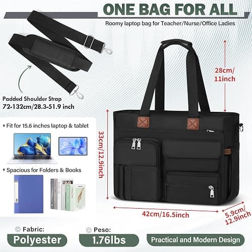 SDYSM Teacher Tote Bag for Women 15.6 inch Laptop Bag Nurse Work Bags Computer Messenger Shoulder Bags Laptop Briefcase with Insulated Pocket, for Travel Office College Nursing, Black thumbnail 3