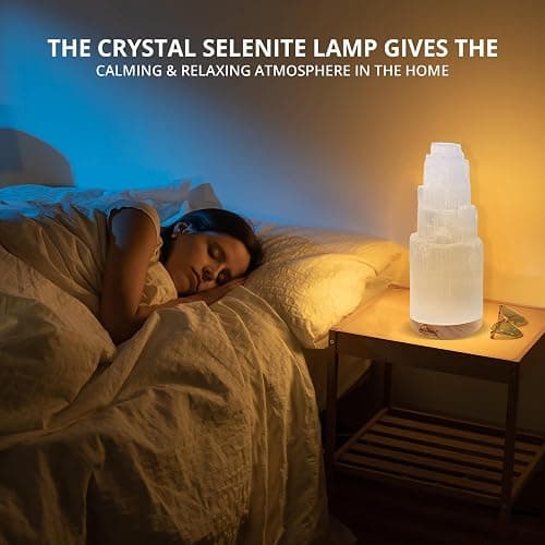 Himalayan Glow Selenite Crystal Lamp 20cm, Hand Curved Morocco |Skyscraper| Crystals and Healing Stones,(ETL Certified) with Wooden Base & USB Charging Cable For Healing Cleansing & Meditation thumbnail 11