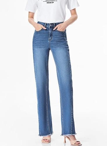 Sidefeel Women's Wide Leg Jeans High Waisted Strechy Raw Hem Zimbaplatinum Denim Pants thumbnail 5