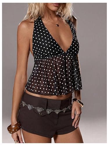 Milumia Women's Polka Dots Tie Backless Halter Top Deep V Neck Ruffle Hem Peplum Going Out Party Club Crop Tank Tops thumbnail 3
