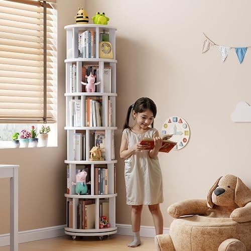 Muwuele Solid Wood Rotating Bookshelf on Wheels, 6 Tier, Round Revolving Bookcase, 360° Spinning Book Shelf Tower for Kids, Narrow Rolling Bookshelves for Small Space, Corner, Bedroom, Office, White thumbnail 3