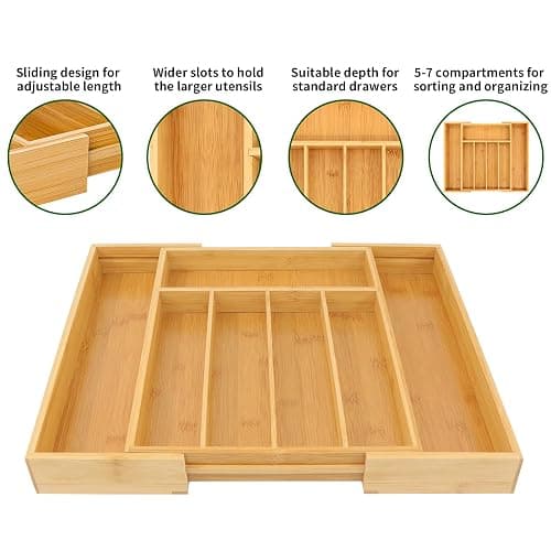 VaeFae Bamboo Drawer Organizer, Expandable Silverware Drawer Organizer, Cutlery Tray with Dividers for Kitchen Utensils, Medium thumbnail 5