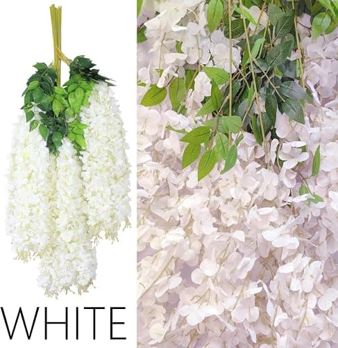 48Pcs Artificial Wisteria Flowers 3.6 Feet/Piece White Dense Artificial Fake Wisteria Vine Ratta Hanging Garland Silk Flowers String Home Party Wedding Decor(White-Dense) thumbnail 4