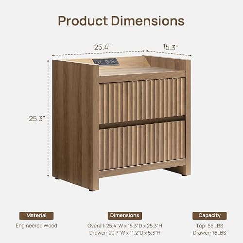 SICOTAS Night Stands Set of 2-Fluted Nightstands with Charging Station- Modern 2 Drawers Nightstand 25" Tall Bedside Table End Table, Large Night Stand for Bedroom (Reclaimed Caramel Oak) thumbnail 2