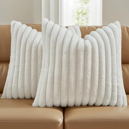 FUTEI Pack of 2 Faux Fur Throw Pillow Covers 18x18 Inch, Cream White | Fluffy Faux Rabbit Fur Front/Premium Velvet Back,Hidden Zipper,Machine Washable,Non-Shedding,Colorfast,Insert Not Included. - Image 1