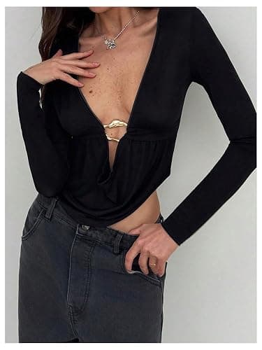 SOLY HUX Women's Deep V Neck T Shirt Long Sleeve Metal Decor Draped Front Ruched Asymmetrical Tops thumbnail 2