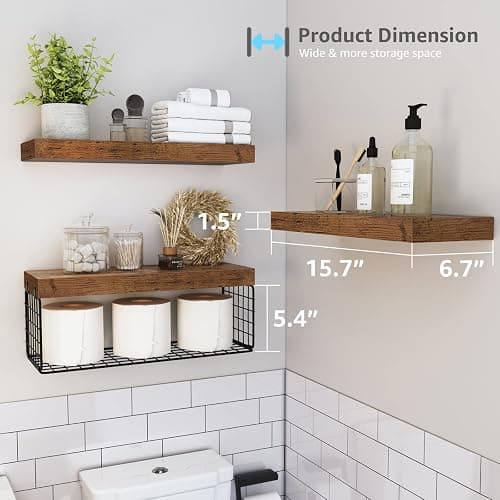 QEEIG Bathroom Shelves Over Toilet - Wall Mounted Floating Shelves Toilet Paper Storage Small Farmhouse Decor Shelf 16 inch Set of 3, Rustic Brown (019-BN3) thumbnail 3