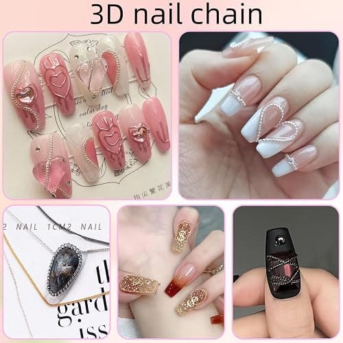 12 Strips Metal Nail Art Chains, 3D Gold Silver Dark Gray Punk Gothic Nail Chain Charms, Jewelry DIY Manicure Decorations, Gems Studs Accessories with Storage Box for Women Girls, Easy to Apply thumbnail 7