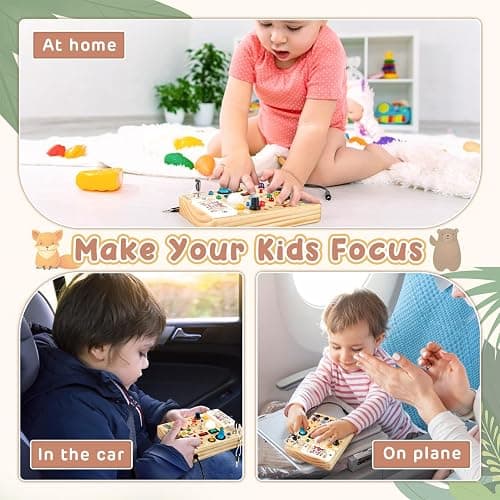 Joyreal Wooden Busy Board with LED Lights, Montessori Sensory Toys for Toddlers, Activity Fidget Board Travel Toys for Fine Motor Skills & Learning, Gifts for 1-3 Year Old Boys & Girls (Forest Theme) thumbnail 7