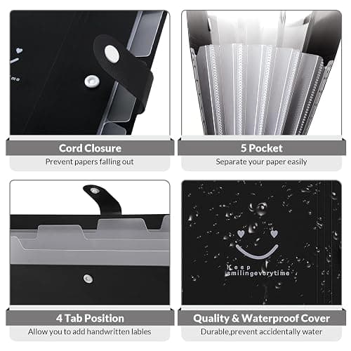 SKYDUE File Folder with 8 Labels, 5 Pockets Accordion Paper Organizer for School and Office，A4 Letter Size，Black thumbnail 5