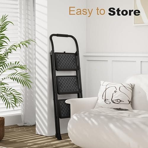 HBTower 3 Step Ladder, 3 Step Stool for Adults, 3 Step Ladder Folding Step Stool with Cushioned Handle Step Ladder with Wide Pedal Ergonomic Design,Black thumbnail 6