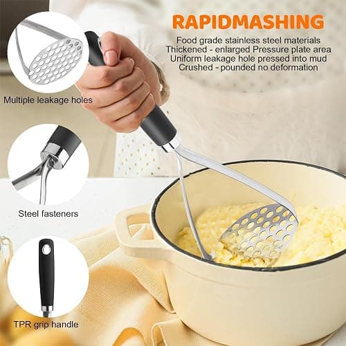 Potato Masher Set of 2 Pieces, 10.25-Inch Stainless Steel Wire Mashed Potato Masher, Kitchen Gourmet Making Tools Professional Integrated Honeycomb, For Vegetable, Fruit, Melon, Potato Etc, Black thumbnail 4