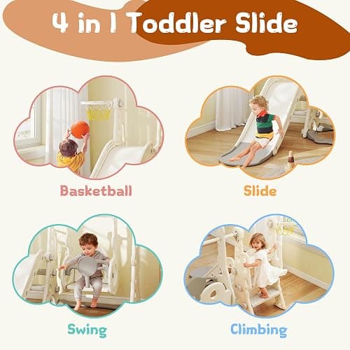 4 in 1 Toddler Slide and Swing Set, Baby Kids Slide for Age 1-3, Outdoor Indoor Playset with Basketball Hoop, Adjustable-Height Swing thumbnail 3