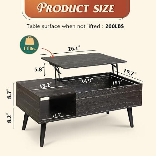 WLIVE Coffee Table for Living Room, Lift Top Coffee Table with Storage, Small Rising Wooden Dining Center Table with Storage Shelf & Hidden Compartment, 39" Black Oak thumbnail 3