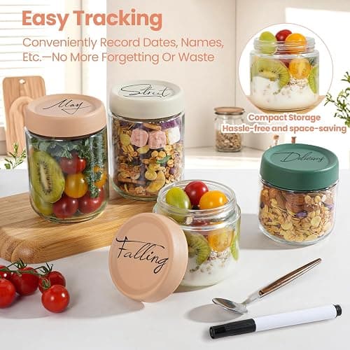 12Pack Overnight Oats Containers with Lids, 16oz, 8oz & 4oz Glass Jars with Airtight Lids, Wide mouth Mason Salad jars, Glass Food Storage Containers for Yogurt Chia Pudding Snacks Cereal & Spices thumbnail 5