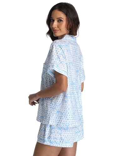 ANGELBEE 2 Piece Preppy Pajamas Button Down Y2k Print Monkey Pajamas for Women Cute Beach Shorts Set pjs Loungewear - Blue-b - Large thumbnail 7