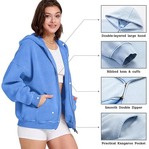 Dnzzs Womens Zip Up Hoodie Oversized Acid Wash Sweatshirts Heavyweight Fall Fashion Outfits Casual Jackets Winter Clothes thumbnail 2