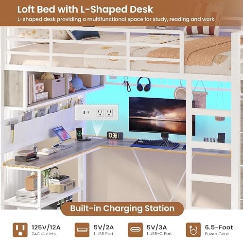VIAGDO Loft Bed Full Size with L-Shaped Desk and 5 Storage Drawers, Full Size Loft Bed with Charging Station and LED Lights, Metal Loft Bed with Safety Guardrail & Ladder, Space-Saving (White) thumbnail 5