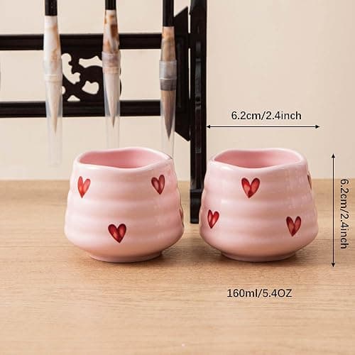 YumiPLUS 4pcs Ceramic Tea Cup Set – 160ml 5.4OZ Porcelain Pink Matcha Cup, Handless Cute Hearts Coffee Mugs for breakfast espresso/afternoon tea (Pink Love) thumbnail 3