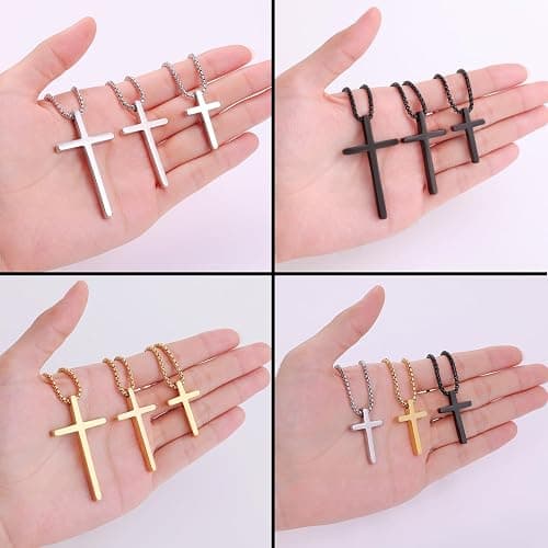 Fiusem Cross Necklace for Men, Silver/Gold/Black Mens Cross Necklaces with 2.5mm Cross Chain and Stainless Steel Cross Pendant, Box Chain 16-24 Inch thumbnail 7