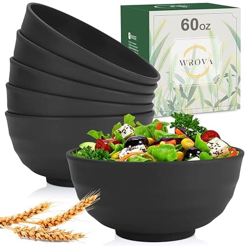Wrova Wheat Straw Bowls Set 60 OZ Unbreakable Large Cereal Bowls Set of 6 Microwave and Dishwasher Safe Bowls Big Bowls for Camping and Picnic BPA Free Soup Bowl for Serving Oatmeal and Salad. Black - Image 1