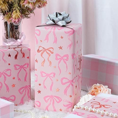 MAYPLUSS Pink Wrapping Paper Roll, Cute Bow Gift Wrap, Reversible Plaid Gift Paper for Girl Baby Shower, Birthday, Wedding 17 Inch x 33 Feet thumbnail 2
