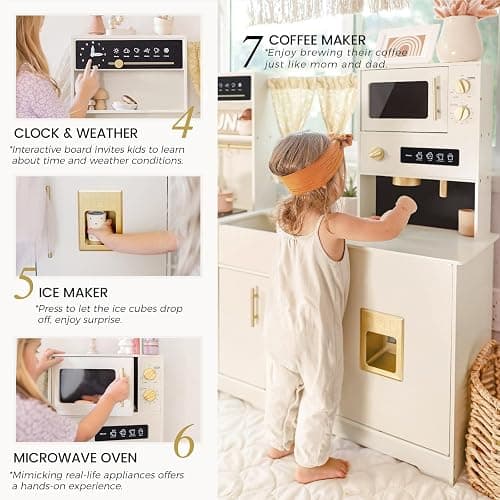 Tiny Land Play Kitchen for Kids, Toy Kitchen Set with Plenty of Play Features, New Modern Kids Wooden Play Kitchen Designed in Trendy Home Style with Curtains, Gift for Ages 3+ thumbnail 4
