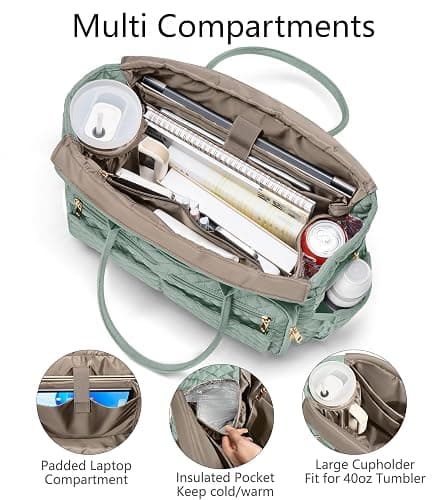Bagstellar Teacher Tote Bag for Women, 15.6" Laptop Work Tote Computer Bag | Quilted Bible Nurse Bag with 40oz Cup Holder, Insulated Pocket & Strap, Large Laptop Briefcase for School Travel Office Gifts thumbnail 3