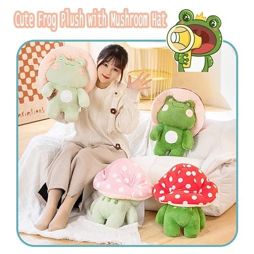 Enivtfz Frog Plush Toys, 10" Cute Frog with Red Mushroom Hat Stuffed Animals, Kawaii Plushies Gift for Kids Girls Adults Valentines Birthdays Gift（Light Green Red hat, 10inch thumbnail 6