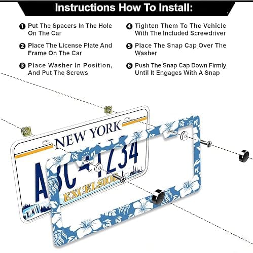 2 Pcs Blue Hawaiian Hibiscus Flowers License Plate Frames - 2 Holes Stainless Steel Metal Auto Car Accessories Decoration License Plate Frame Cover Size 6.3" x 12.2" Fit US Vehicles for Women Men Gift thumbnail 3