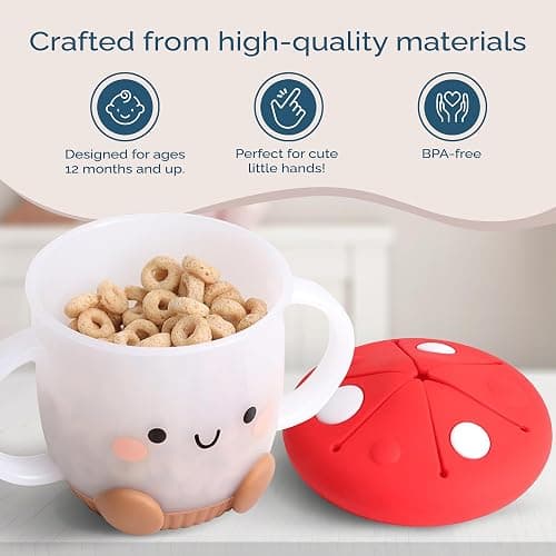 Itzy Ritzy Toddler Snack Cup - Spill-Proof Snack Cup for Toddlers with Soft Silicone Lid for Easy Food Access - Easy-To-Hold Kids Snacks Container With Handles - Ideal for 12 months & Up (Mushroom) thumbnail 6
