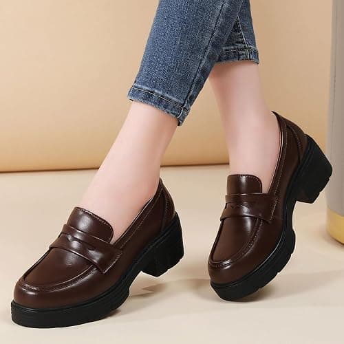TKKAE Loafers for Women Penny Slip On Chunky Block Heel Platform Loafer | Women's Lug-Sole Loafers Comfortable Business Casual Dress Office Work Shoes for Ladies Daily Walking Shoes thumbnail 8