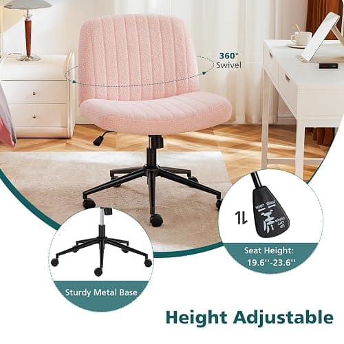 OLIXIS Criss Cross Chair with Wheels, Vanity Chair, Home Office Desk | Furry Teddy Fleece, Wide Seat Armless, Height Adjustable Swivel, Home Computer Task, Bedroom, Study, Pink Teddy thumbnail 4