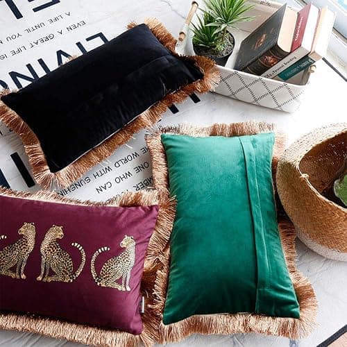XSlive Lumbar Decorative Throw Pillow Cover with Tassels Leopard Pattern Cushion Cover Luxury Style Soft Velvet Pillowcase for Sofa Couch Bedroom (12"x20",Black) thumbnail 4