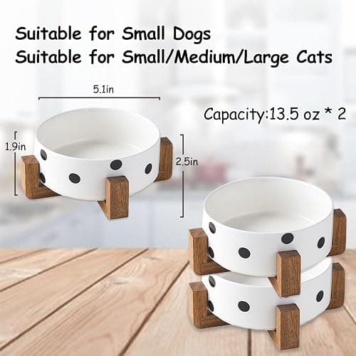 Petygooing Ceramic Dog Bowl Set with Stand, Small Pet Bowls, Anti-Slip Cat & Dog Food and Water Bowl Set (13.5OZ/5.1 in) Black Dot thumbnail 4