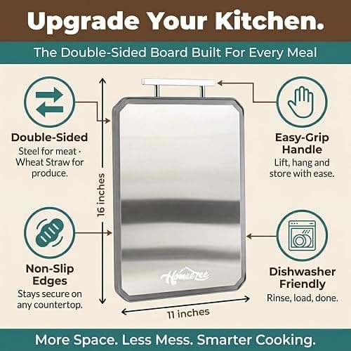 HOMEEZEE Double Sided Cutting Boards for Kitchen, Stainless Steel Cutting Board for Meat, Wheat Straw PP Large Chopping Board for Vegetables, Easy to Clean, Juice Grooves, 16"L * 11"W thumbnail 3